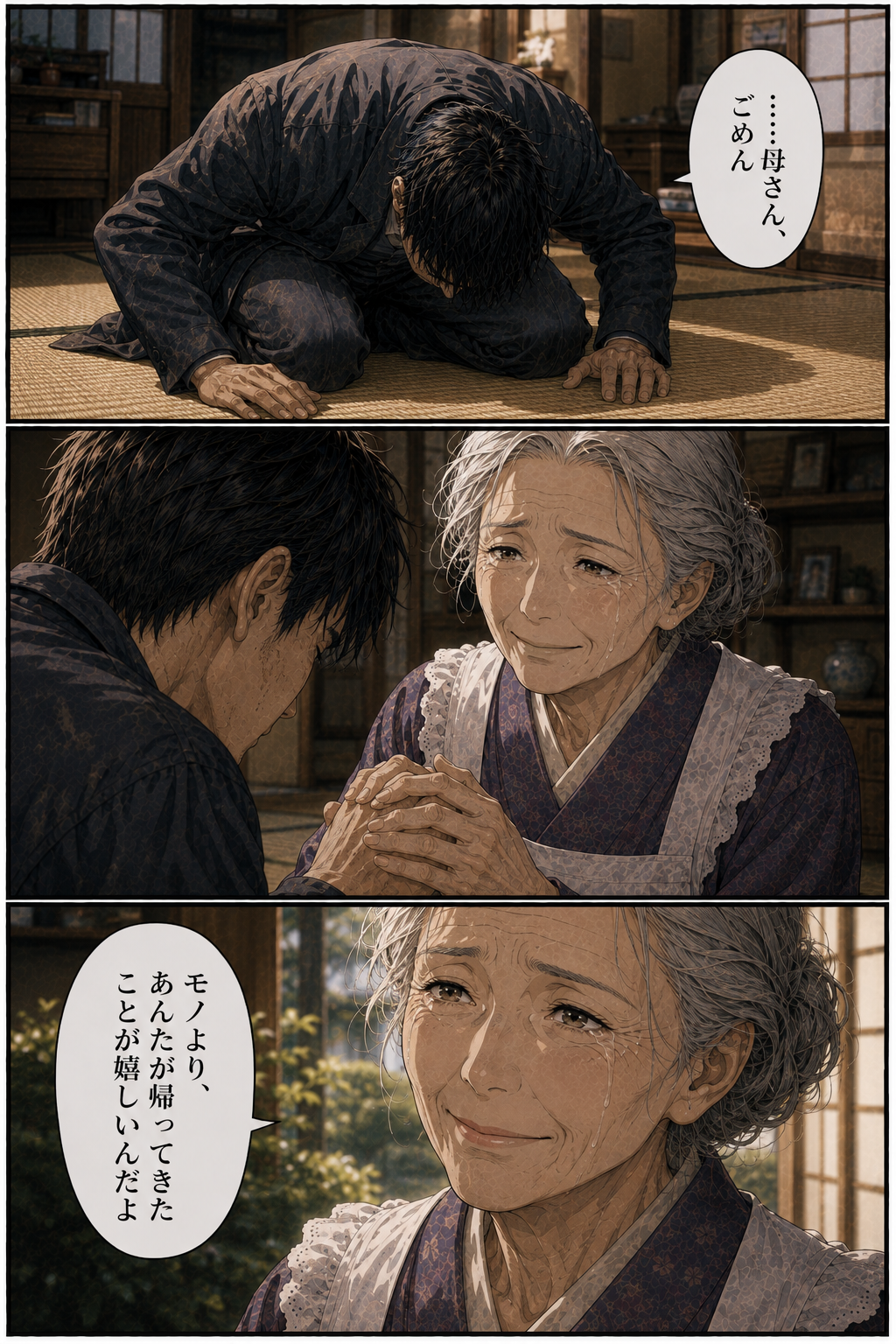第3話 24ページ目｜畳に額をつけて土下座する息子。「……母さん、ごめん」。母はその手にそっと自分の手を重ねる。「モノより、あんたが帰ってきたことが嬉しいんだよ」