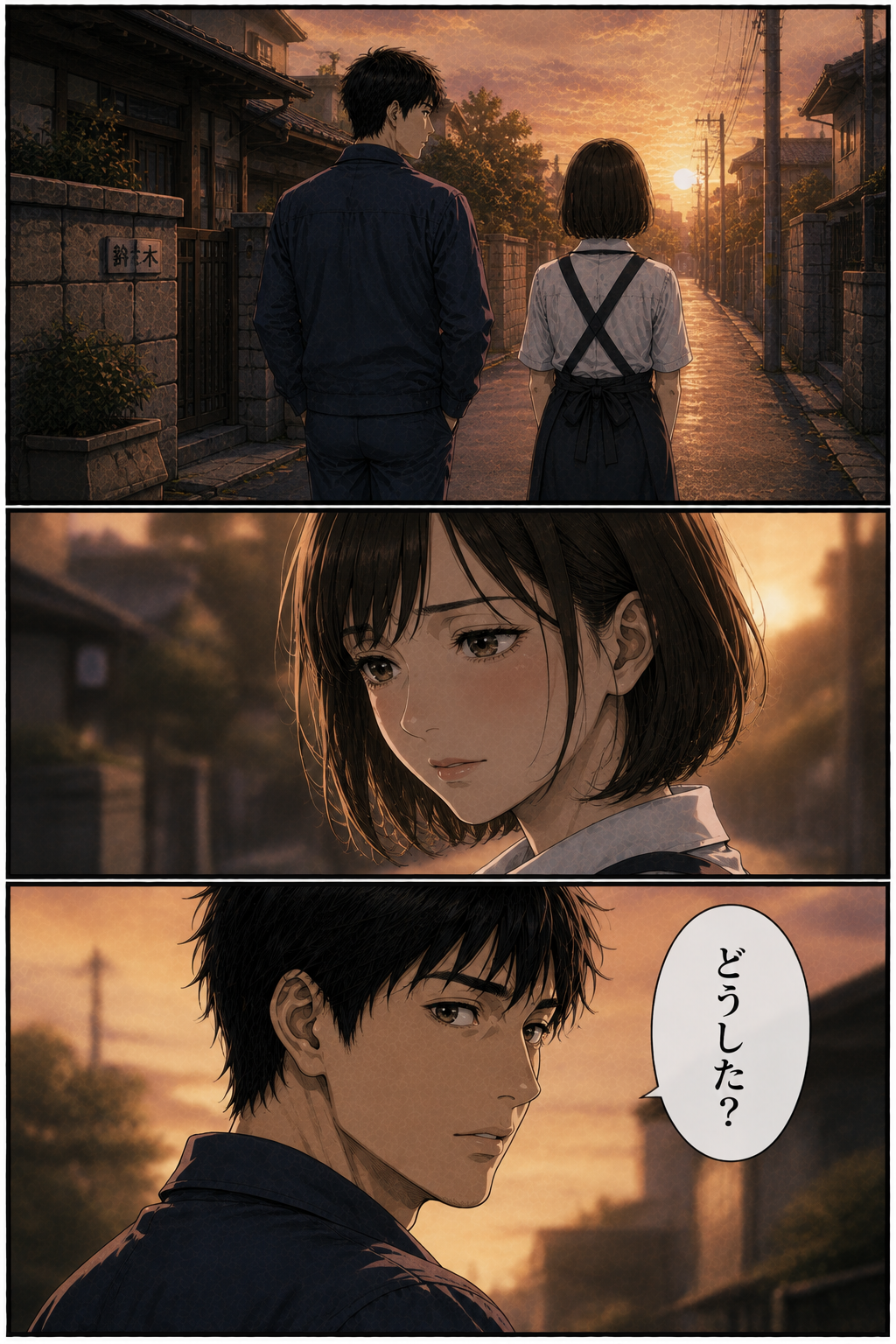 第3話 25ページ目｜夕暮れの帰り道を並んで歩くカイとヒナ。ふと足を止めたヒナに、カイが振り返る。「どうした？」