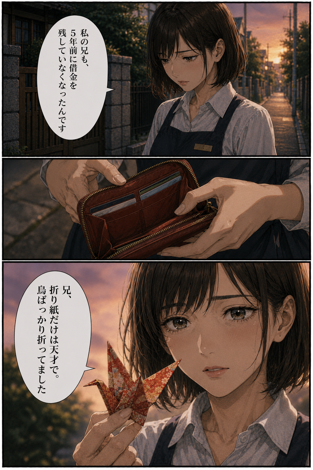 第3話 26ページ目｜ヒナが打ち明ける。「私の兄も、5年前に借金を残していなくなったんです」。財布から取り出したのは一羽の折り鶴。「兄、折り紙だけは天才で。鳥ばっかり折ってました」