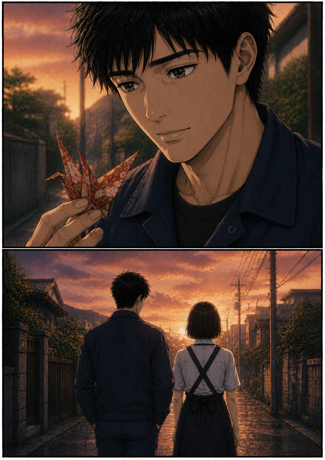 第3話 27ページ目｜カイが折り鶴を受け取り、夕陽にかざしてじっと見つめる。茜色に染まる路地を、二人は並んで歩いていく。