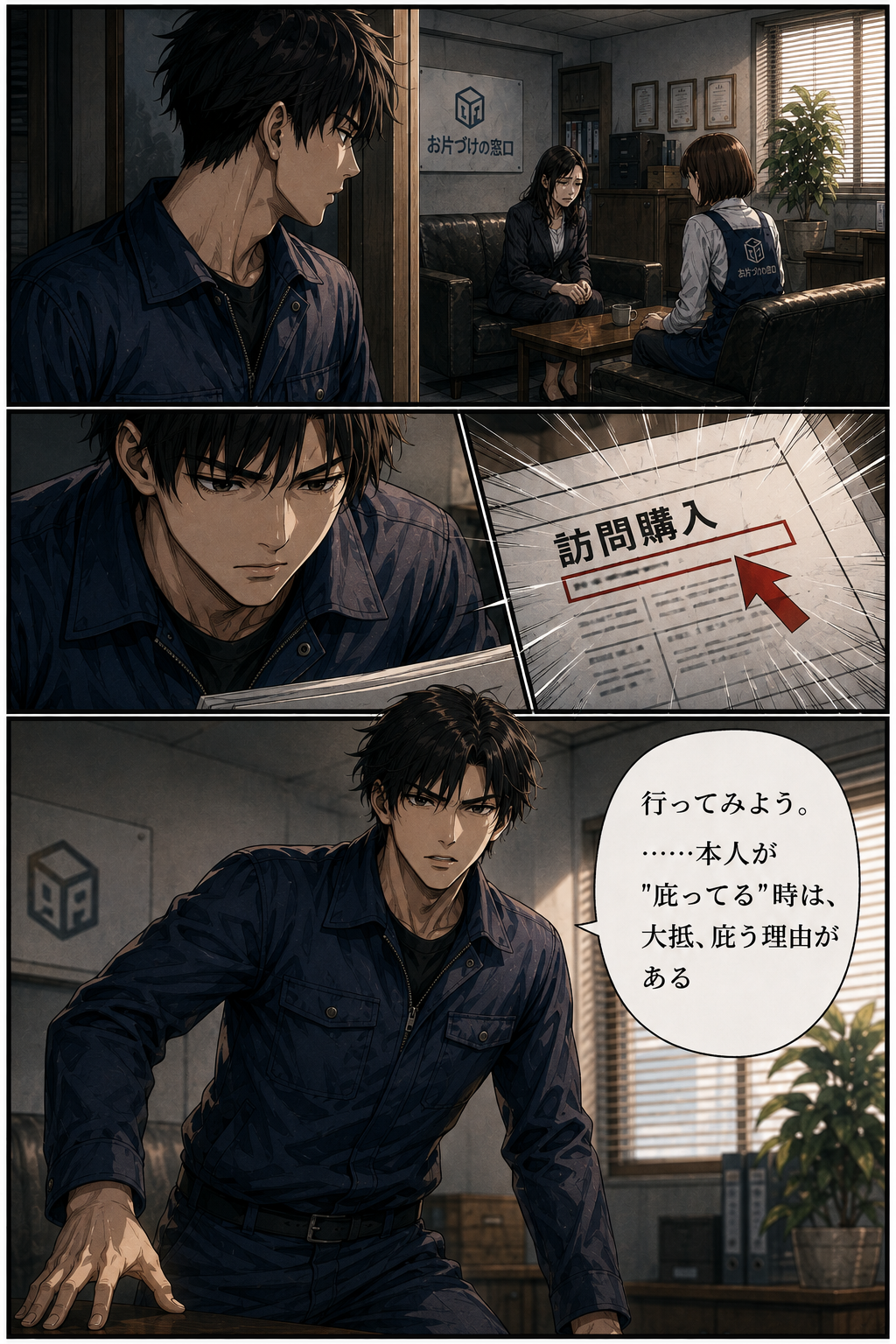 第3話 3ページ目｜扉の陰で話を聞いていた灰谷カイ。手元の資料の「訪問購入」の文字に赤い矢印。「行ってみよう。……本人が“庇ってる”時は、大抵、庇う理由がある」