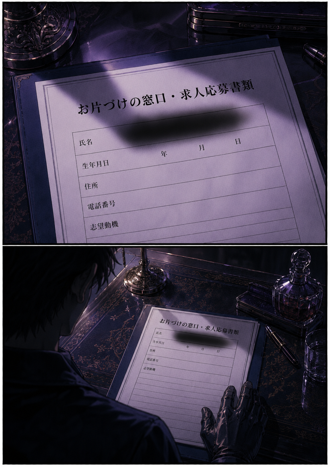 第3話 30ページ目｜机の上に置かれた「お片づけの窓口・求人応募書類」。氏名の欄だけが黒く塗りつぶされている。それを見下ろす男の背中。