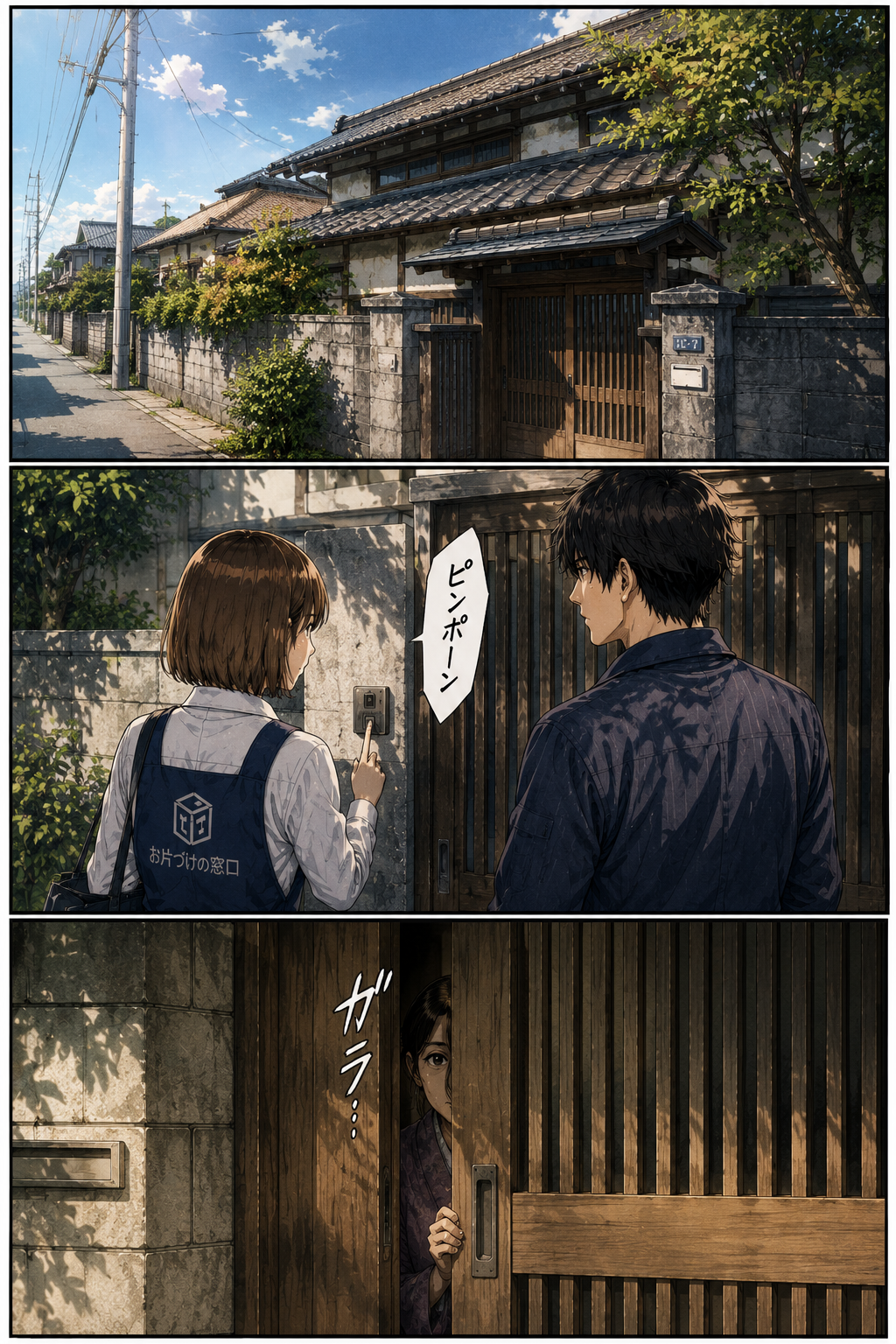第3話 4ページ目｜古い日本家屋の門前。ヒナがインターホンを押す。「ピンポーン」。やがて引き戸が「ガラ…」と開き、着物姿の老女が顔をのぞかせる。