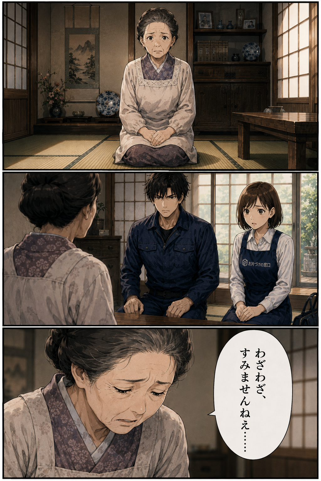 第3話 5ページ目｜座敷に正座して迎える老女。向かい合って座るカイとヒナ。老女は目を伏せて言う。「わざわざ、すみませんねぇ……」