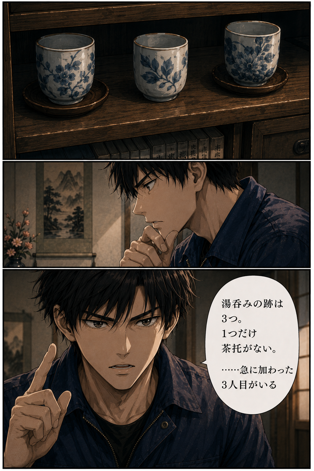 第3話 7ページ目｜食器棚に並ぶ3つの湯呑み。うち1つには茶托がない。カイ「湯呑みの跡は3つ。1つだけ茶托がない。……急に加わった3人目がいる」