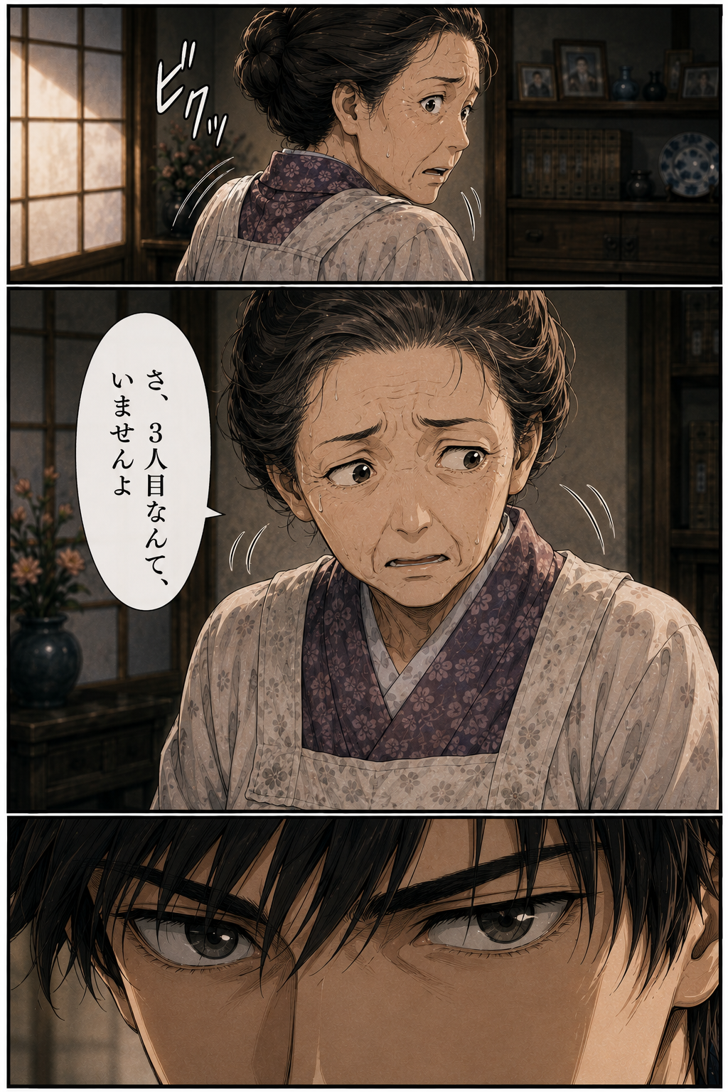 第3話 8ページ目｜老女の肩がビクッと跳ねる。「さ、3人目なんて、いませんよ」。その様子をじっと見つめるカイの目。