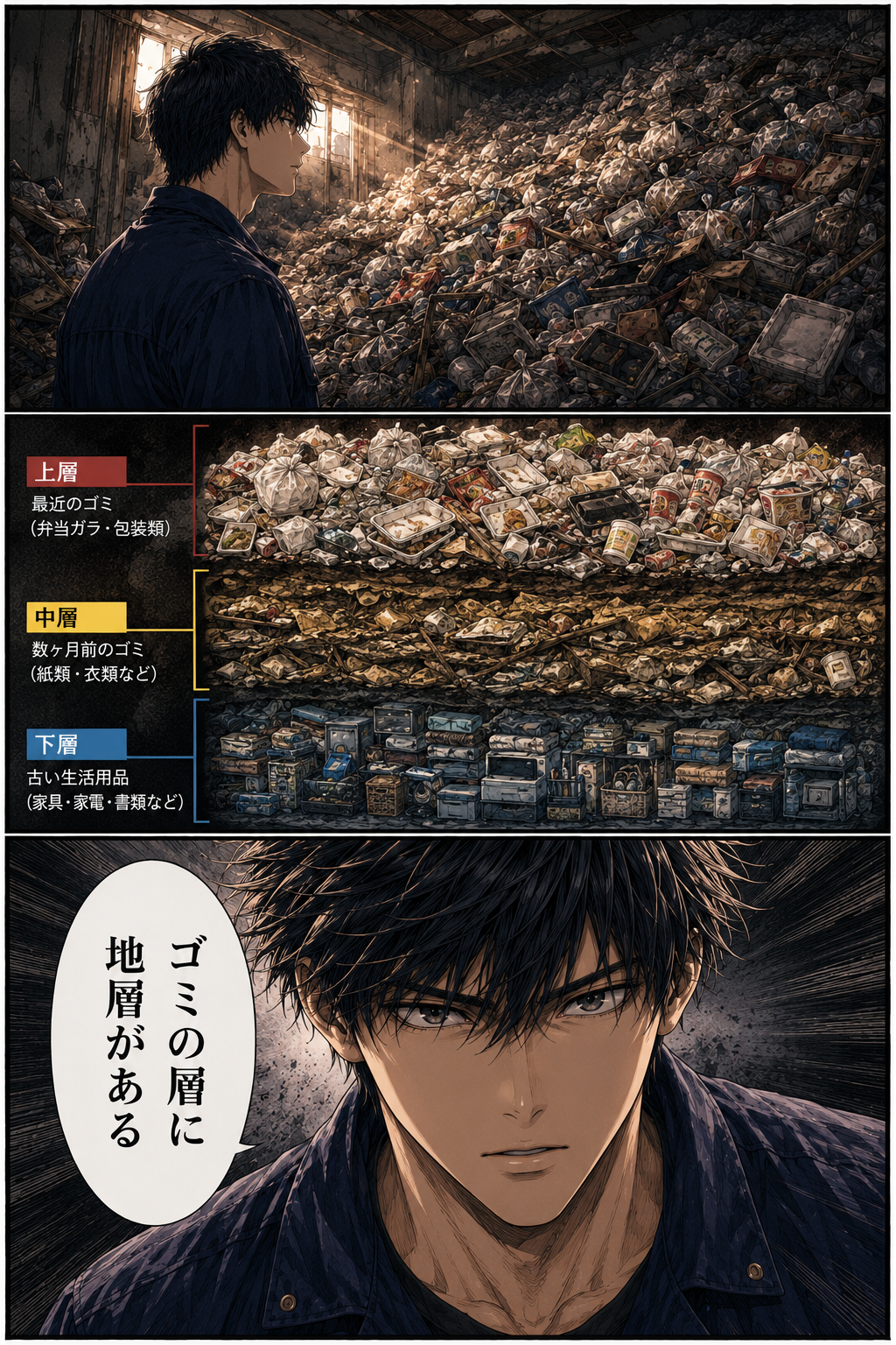 第4話 10ページ目｜ゴミの山を見渡すカイ。上層＝最近の弁当ガラ・包装類、中層＝数ヶ月前の紙類・衣類、下層＝古い家具・家電・書類。カイ「ゴミの層に地層がある」