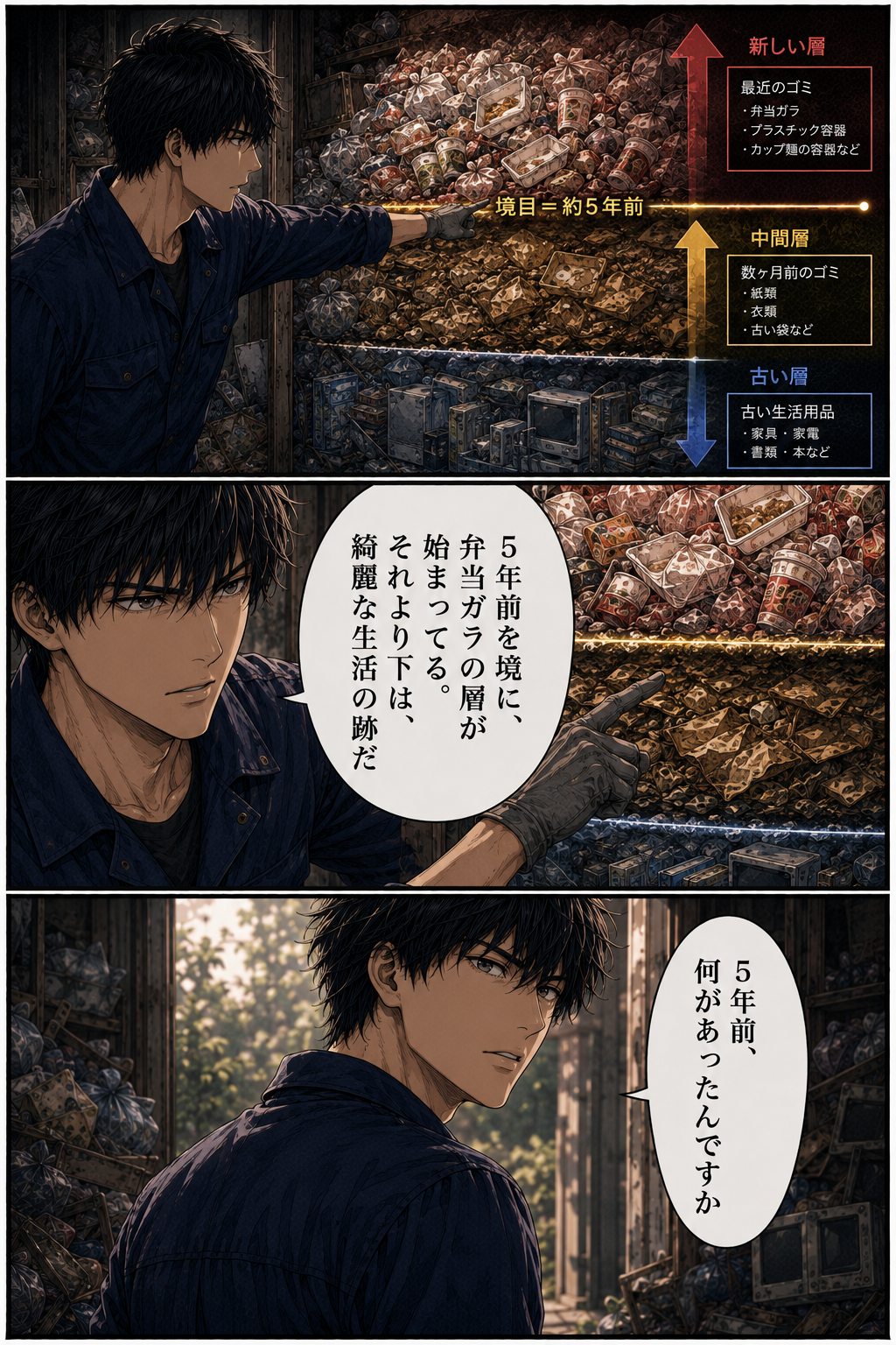 第4話 11ページ目｜カイが層の境目を指さす。「5年前を境に、弁当ガラの層が始まってる。それより下は、綺麗な生活の跡だ」「5年前、何があったんですか」