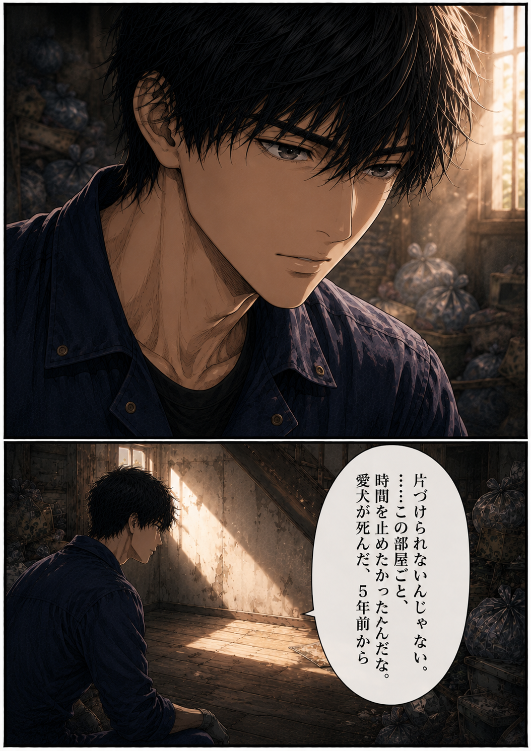 第4話 13ページ目｜カイが静かに言う。「片づけられないんじゃない。……この部屋ごと、時間を止めたかったんだな。愛犬が死んだ、5年前から」