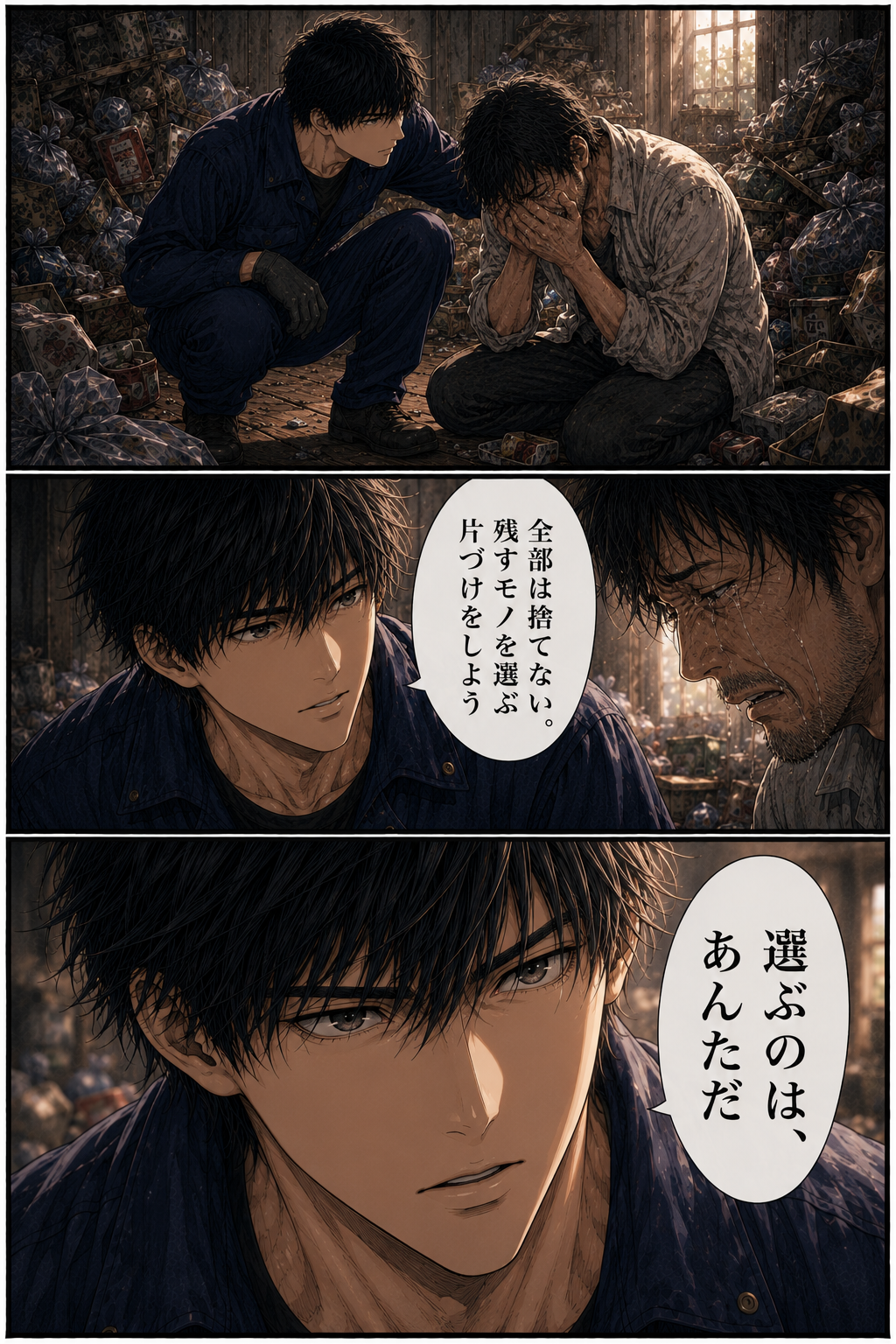第4話 14ページ目｜泣く家主の傍らにしゃがみ込むカイ。「全部は捨てない。残すモノを選ぶ片づけをしよう」「選ぶのは、あんただ」