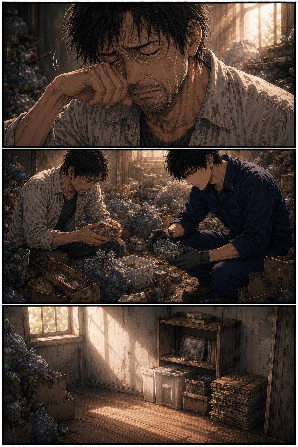 第4話 15ページ目｜涙を拭う家主。二人で床に座り込み、一つひとつ手に取って仕分けていく。夕方には犬の写真を飾った棚と、整理された箱だけが残る。