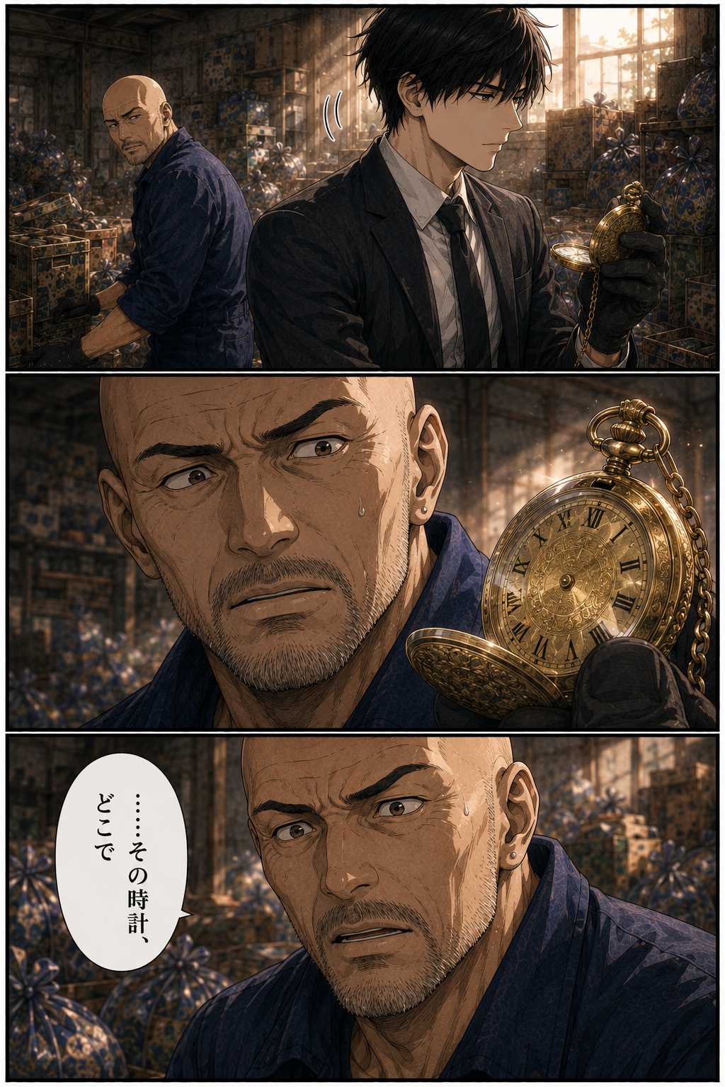 第4話 16ページ目｜片づけの最中、いつの間にか室内にいたレンが懐中時計を開いている。それを見た権田の顔色が変わる。「……その時計、どこで」