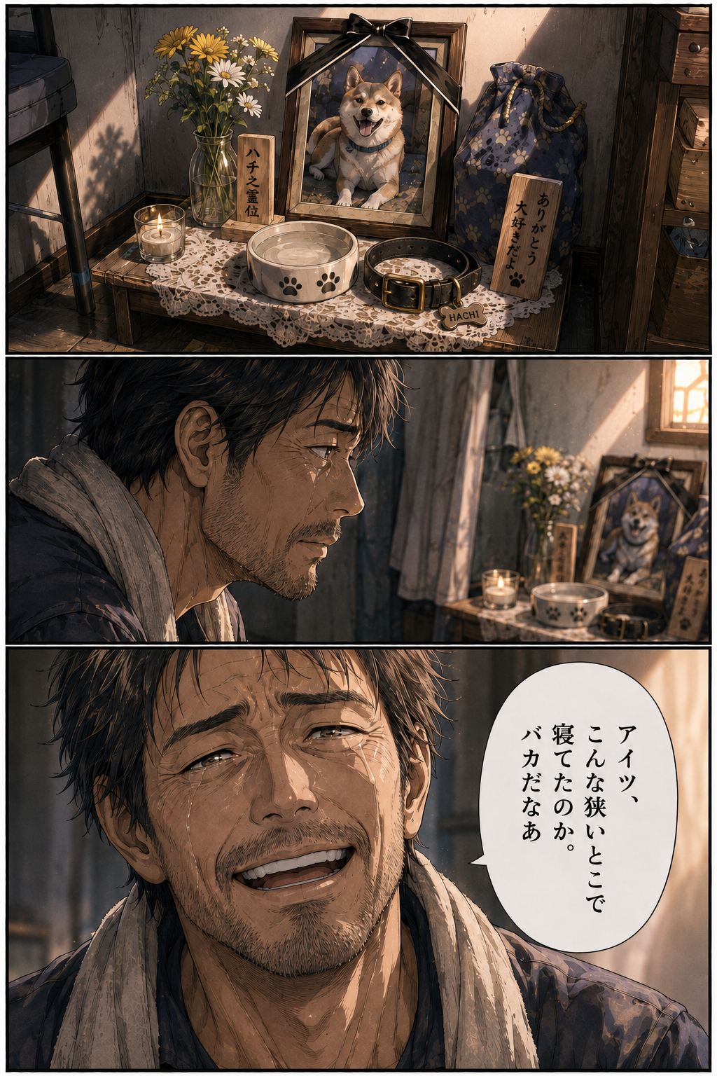 第4話 18ページ目｜片づいた部屋の一角に、愛犬ハチの写真・首輪・食器を並べた小さな祭壇。「ハチ之霊位」と「ありがとう 大好きだよ」の木札。家主は涙を浮かべて笑う。「アイツ、こんな狭いとこで寝てたのか。バカだなあ」