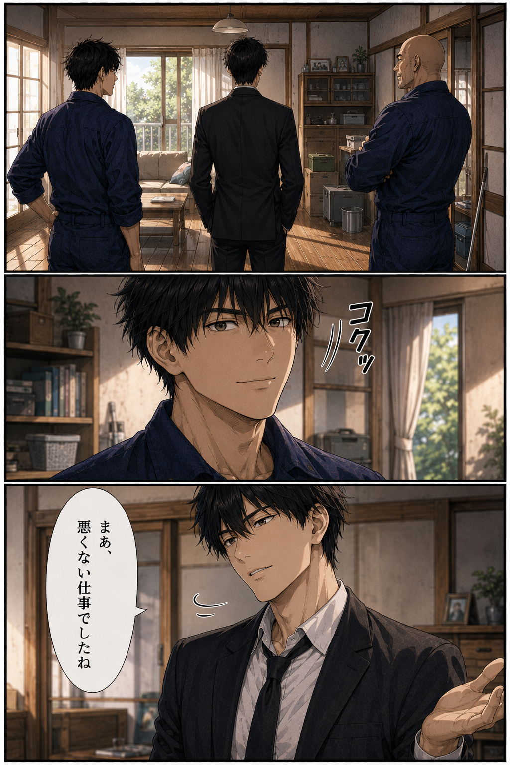 第4話 19ページ目｜見違えるように片づいた居間で並ぶカイ・レン・権田。カイが静かにうなずき、レンは肩をすくめる。「まあ、悪くない仕事でしたね」