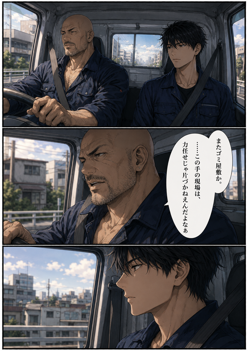 第4話 2ページ目｜トラックで現場へ向かう権田と灰谷カイ。権田「またゴミ屋敷か。……この手の現場は、力任せじゃ片づかねえんだよなぁ」