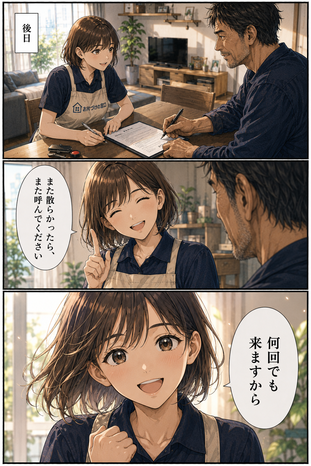 第4話 20ページ目｜後日。三隅ヒナが家主と契約書を交わす。「また散らかったら、また呼んでください」「何回でも来ますから」