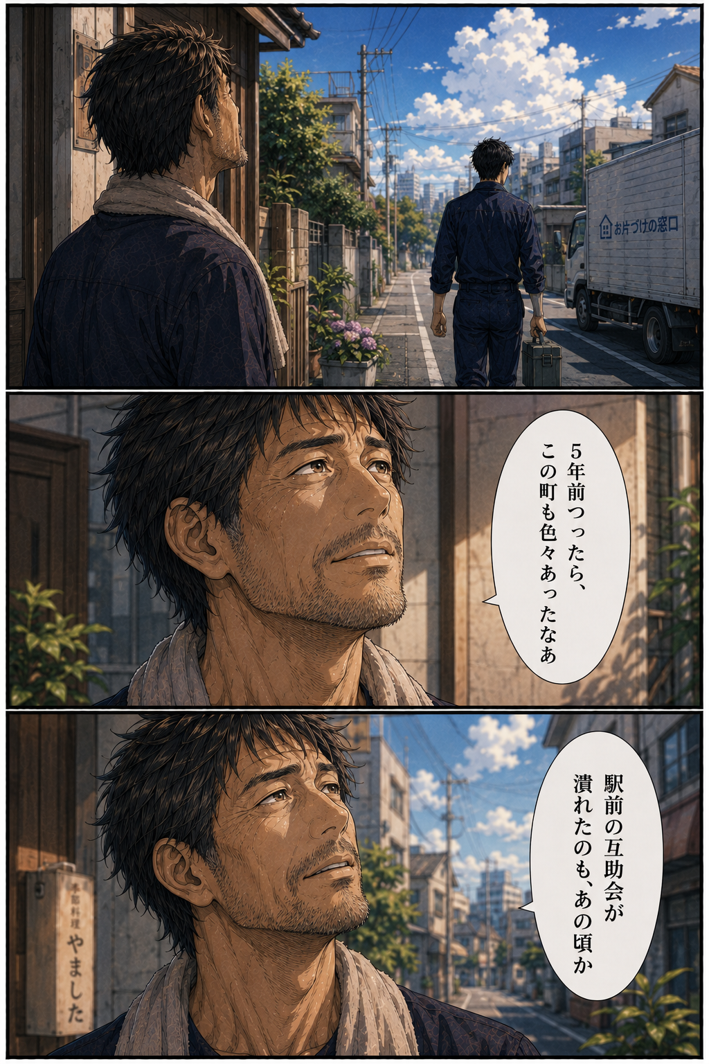 第4話 21ページ目｜玄関先で見送る家主が空を見上げてつぶやく。「5年前つったら、この町も色々あったなぁ」「駅前の互助会が潰れたのも、あの頃か」