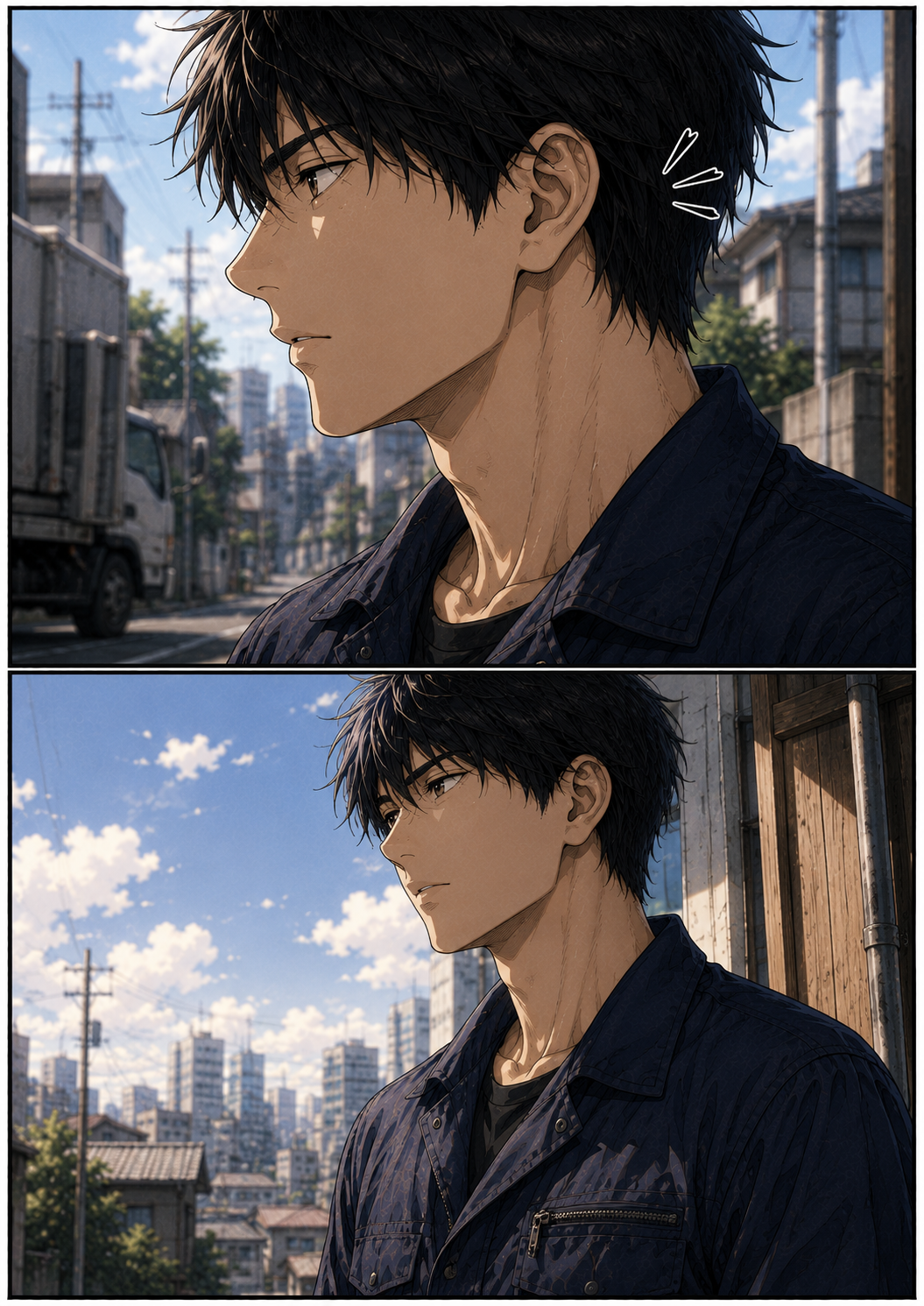 第4話 22ページ目｜「互助会」の言葉にカイが足を止め、振り返る。青空の下、遠くを見つめるカイの横顔。