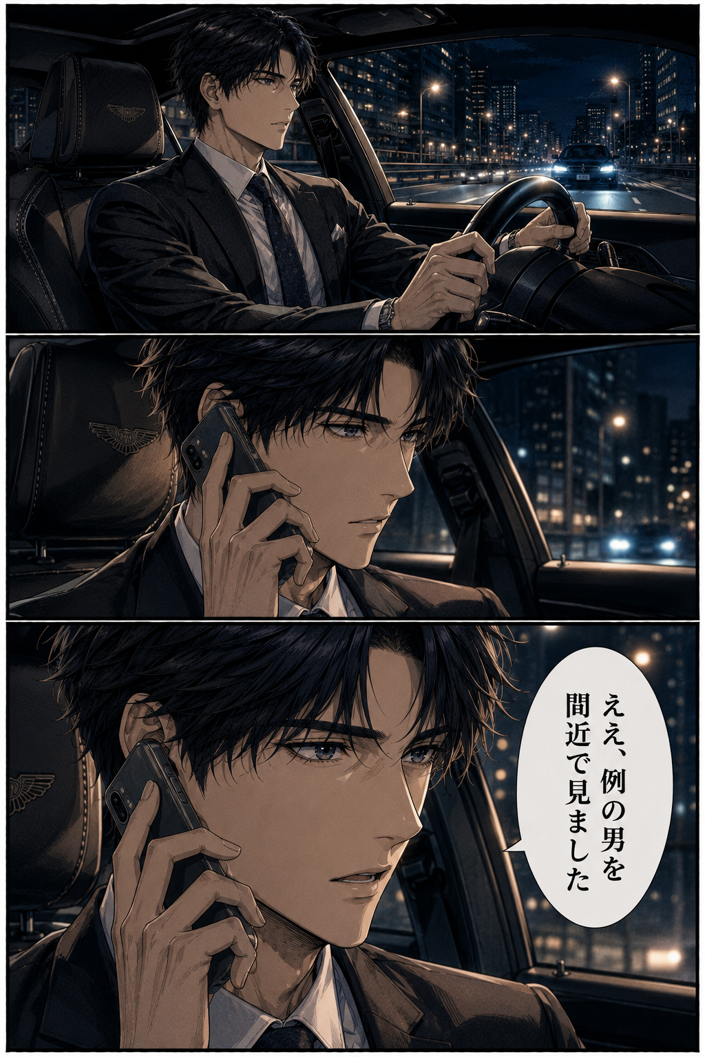 第4話 23ページ目｜夜の高速道路。黒塗りの車を運転しながら、レンがスマホで誰かに報告する。「ええ、例の男を間近で見ました」