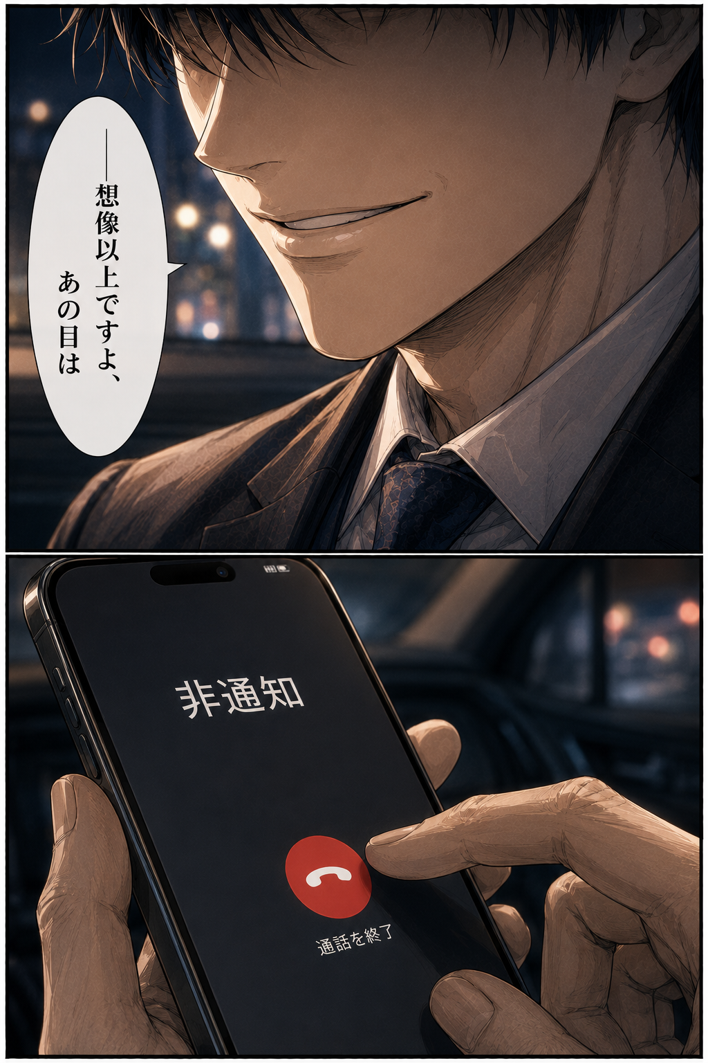 第4話 24ページ目｜口元だけを歪めて笑うレン。「——想像以上ですよ、あの目は」。スマホの画面には「非通知」の文字。通話を終える指。
