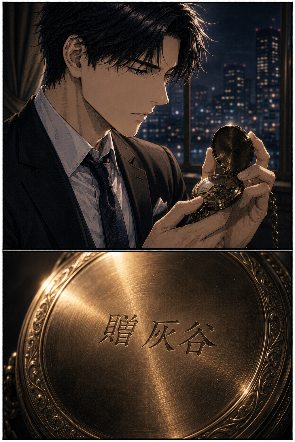 第4話 25ページ目｜車内で懐中時計を開くレン。蓋の裏側には「贈 灰谷」の刻印。