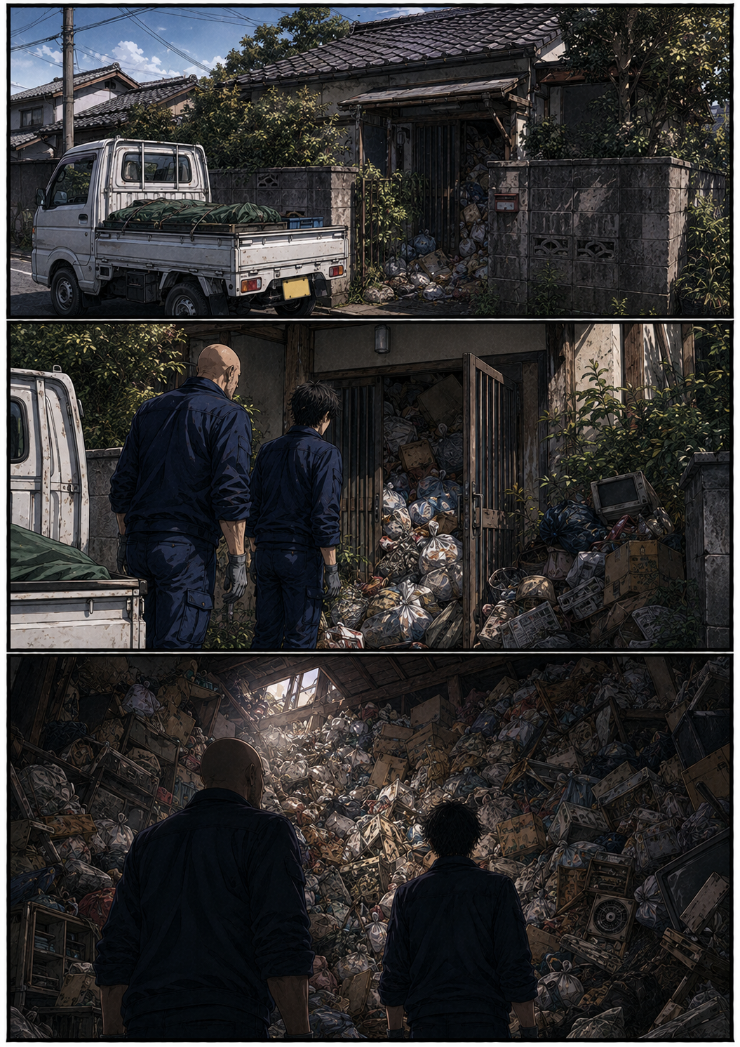 第4話 3ページ目｜古い一軒家の前に着く二人。門の内側は玄関からあふれ出したゴミ袋の山。中に入ると、天井近くまで積み上がったゴミが二人を呑み込む。