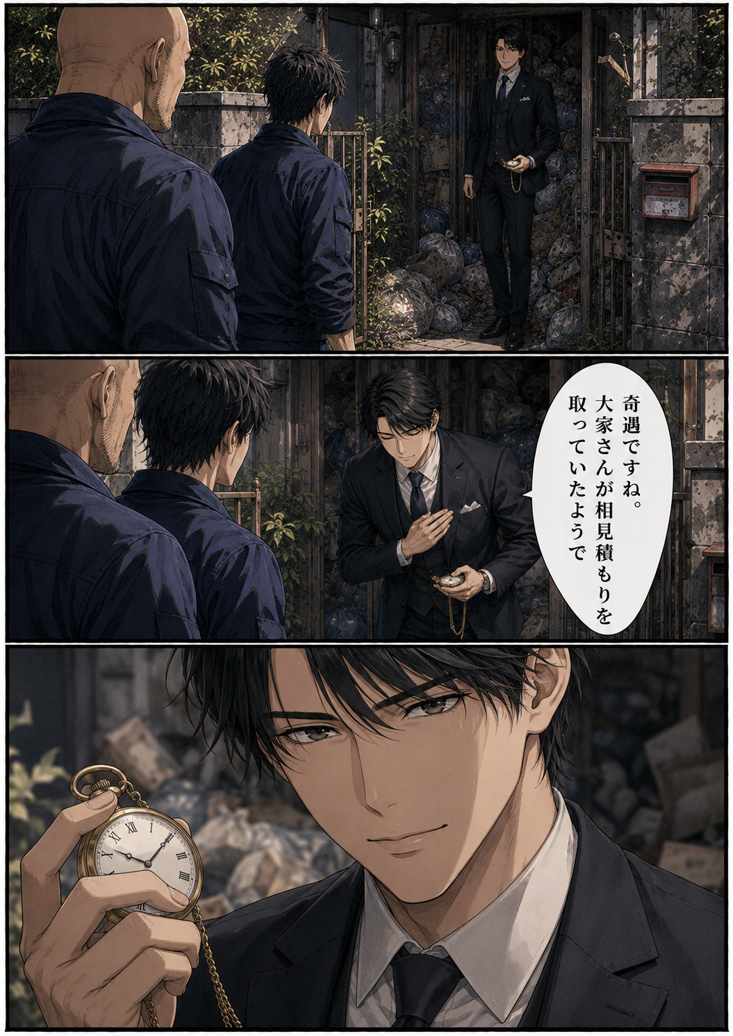 第4話 4ページ目｜門前に、懐中時計を手にしたスーツの男・白鷺レンが立っていた。「奇遇ですね。大家さんが相見積もりを取っていたようで」。余裕の笑みで金の懐中時計を見せる。