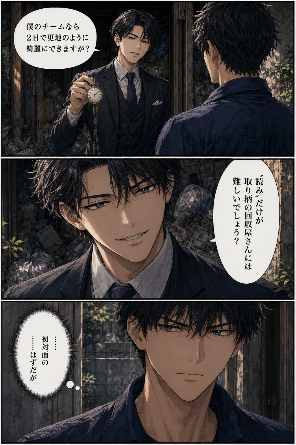 第4話 5ページ目｜レン「僕のチームなら2日で更地のように綺麗にできますが？」「“読み”だけが取り柄の回収屋さんには難しいでしょう？」。カイの心の声「……初対面のはずだが」