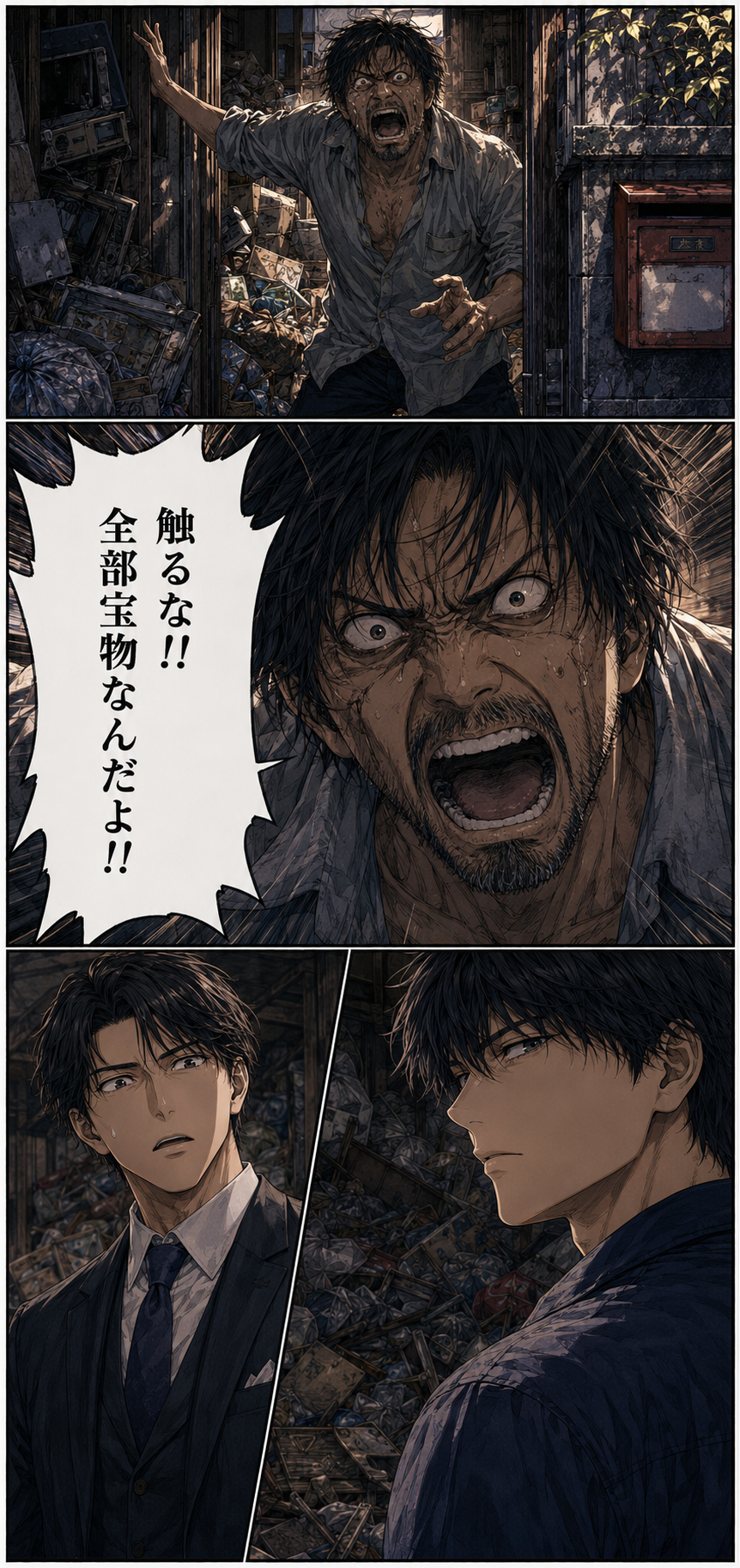 第4話 7ページ目｜家の奥から、やつれた男が飛び出してくる。「触るな!!全部宝物なんだよ!!」。怒声に息を呑むレンと、静かに見つめ返すカイ。
