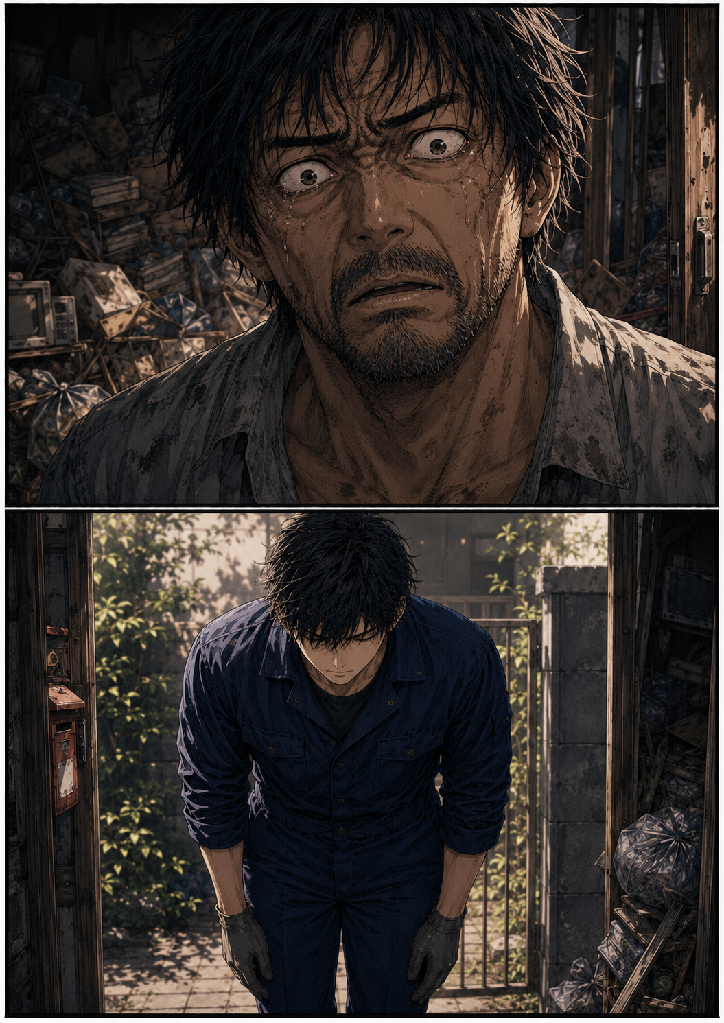 第4話 9ページ目｜涙と汗にまみれ、怯えた目でカイを見る家主。カイは玄関先で深く頭を下げる。